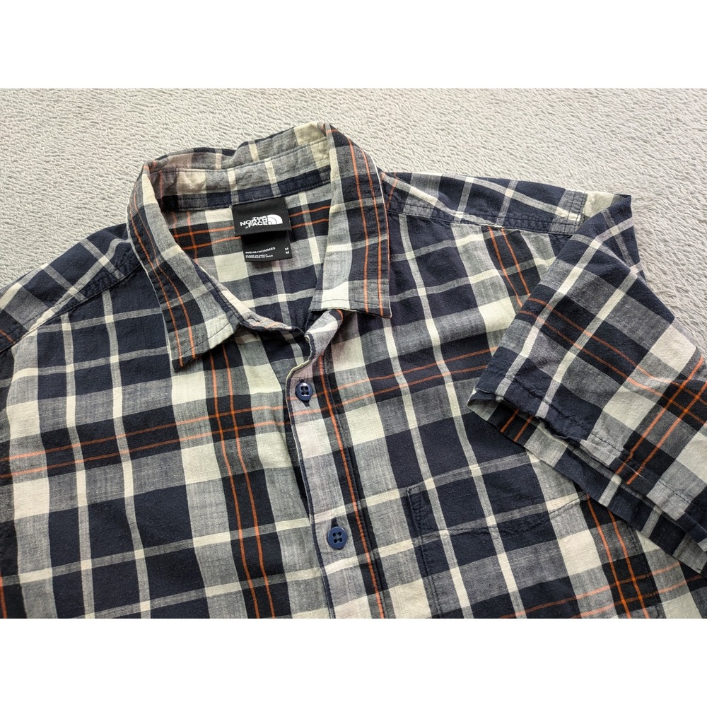 The North Face Mens Plaid Short Sleeve Button Down Shirt Navy Orange Size M